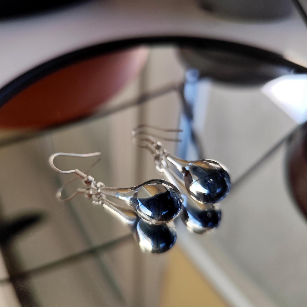Handblown Blue and Clear Glass Teardrop Earrings