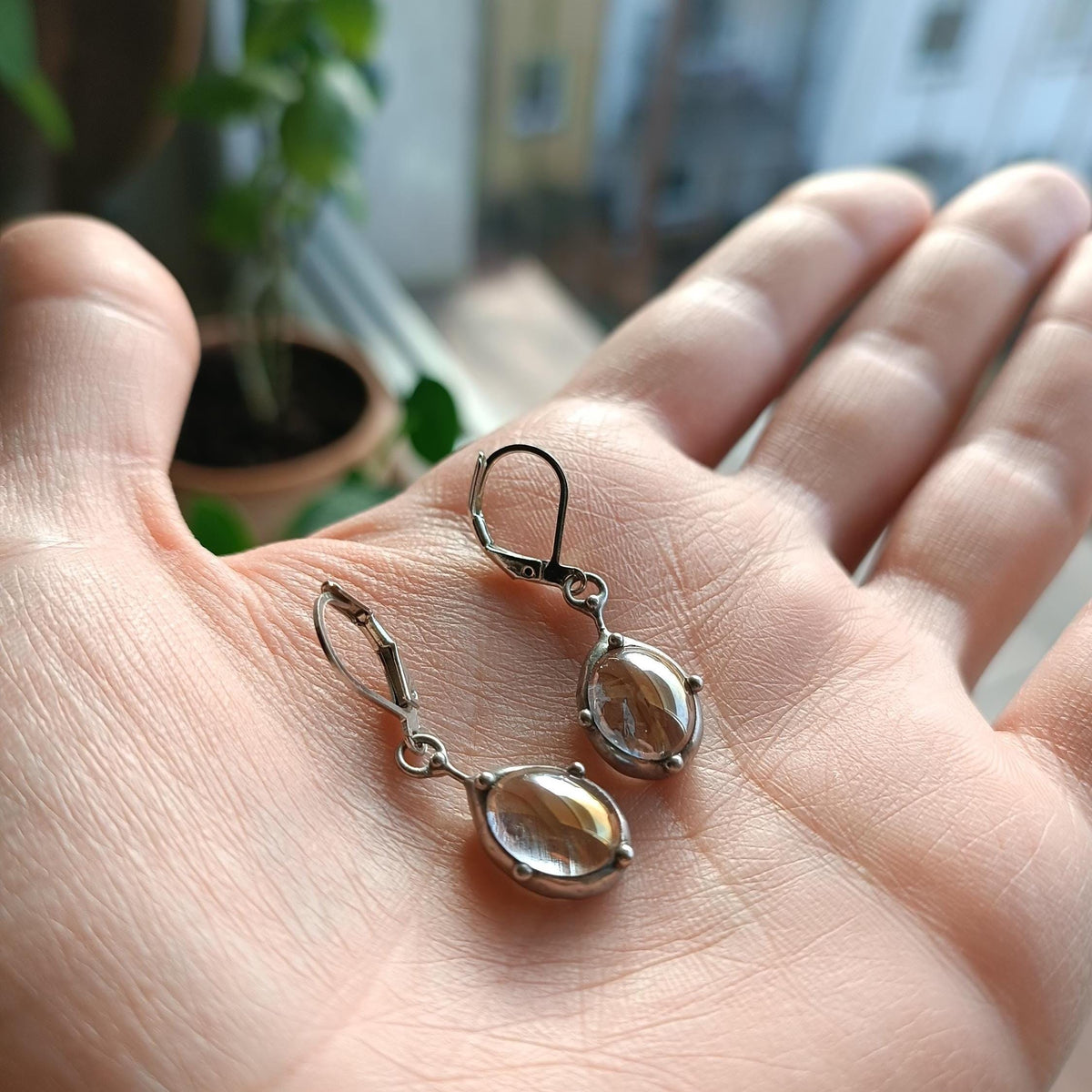 Clear Stained Glass Drop Earrings – Silver Tone
