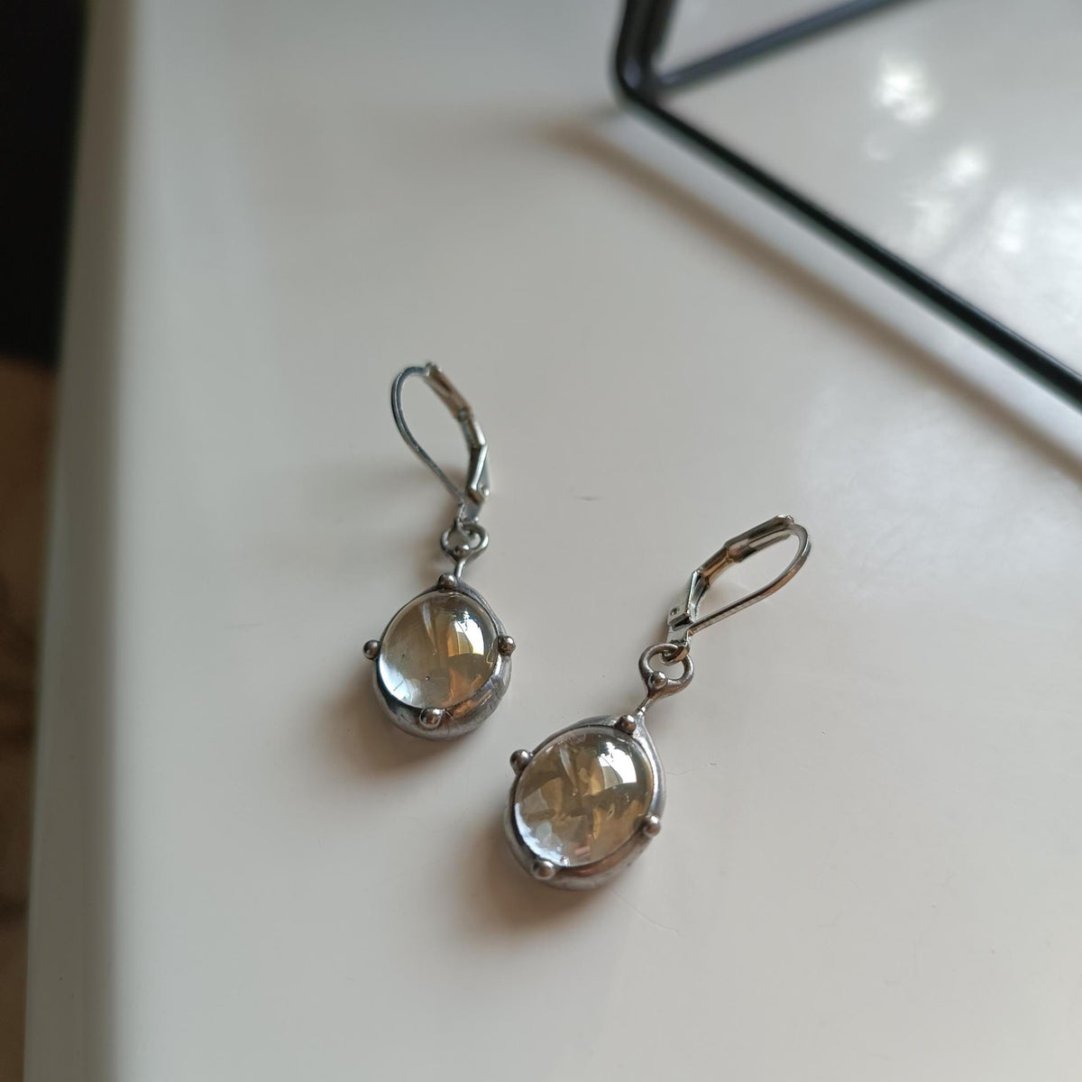 Clear Stained Glass Drop Earrings – Silver Tone