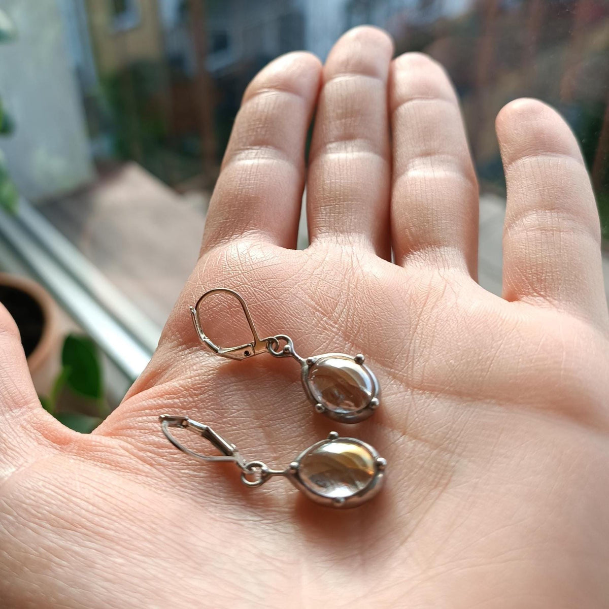 Clear Stained Glass Drop Earrings – Silver Tone