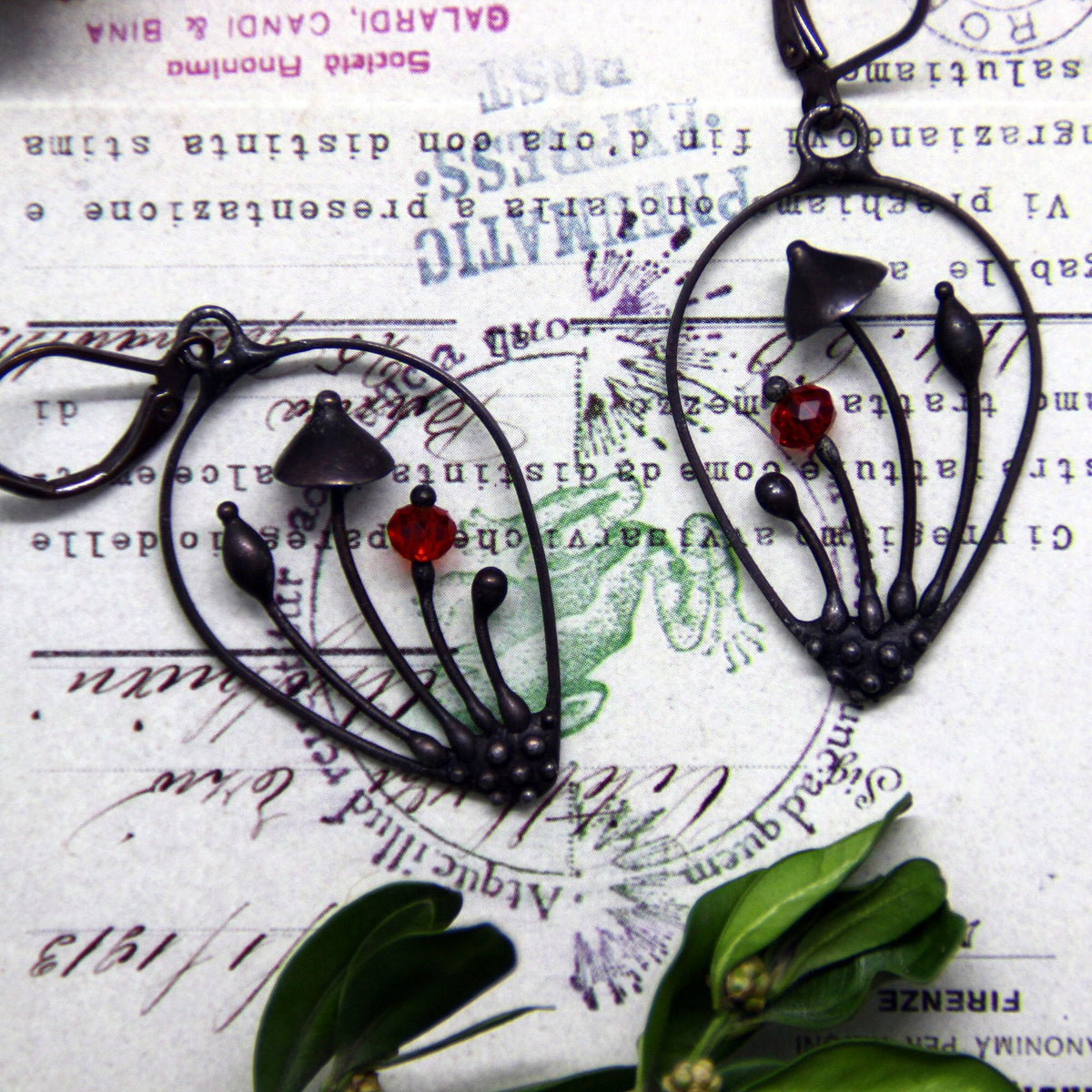 Red Glass Mushroom Drop Earrings – Blackened Copper