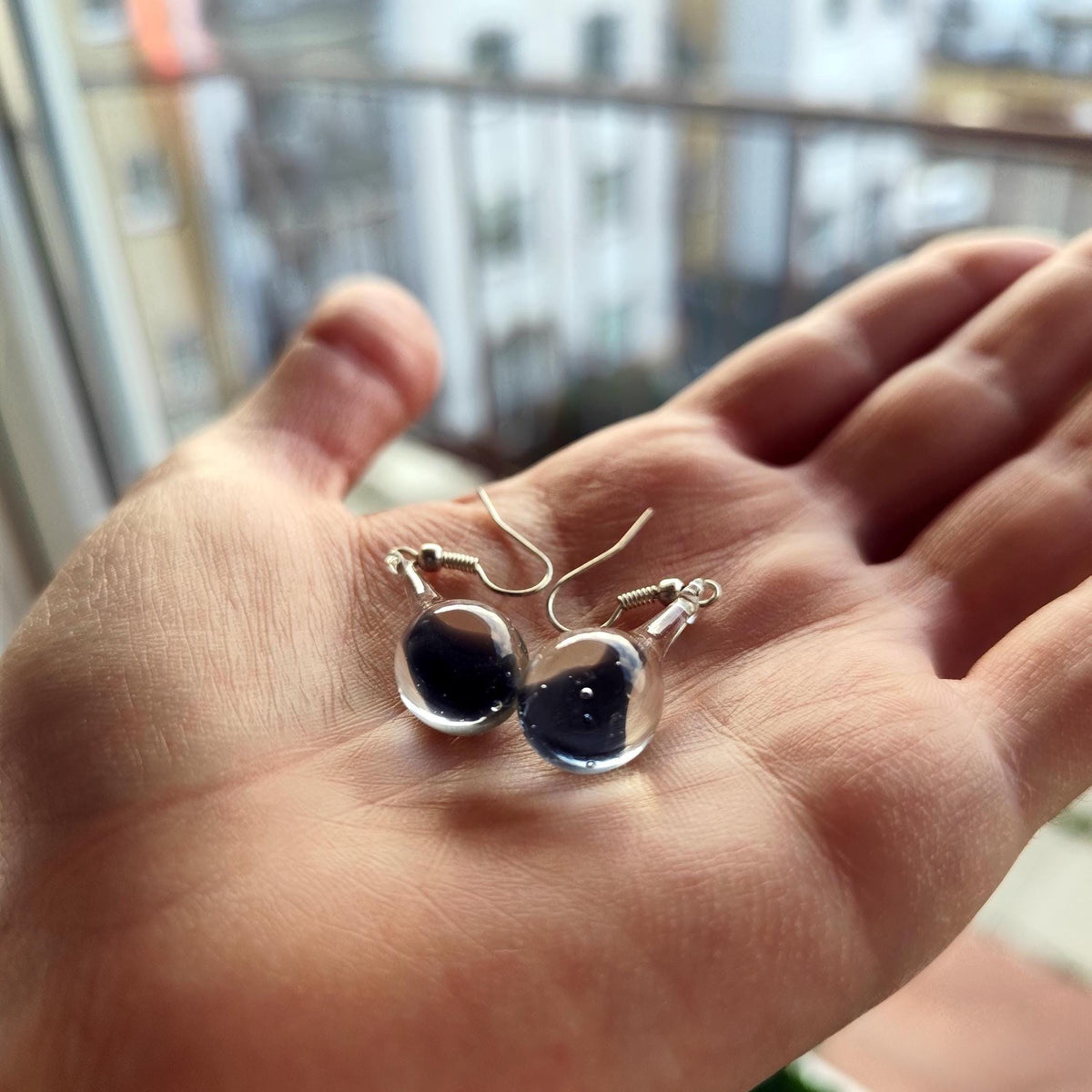Handblown Blue and Clear Glass Teardrop Earrings