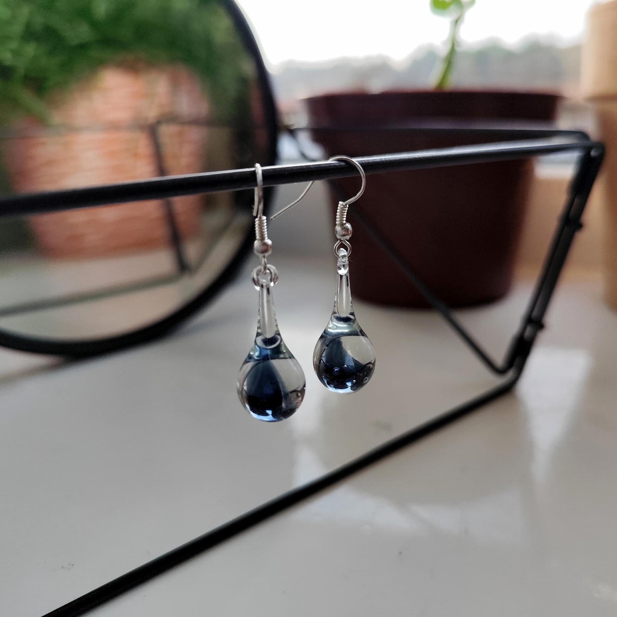 Handblown Blue and Clear Glass Teardrop Earrings