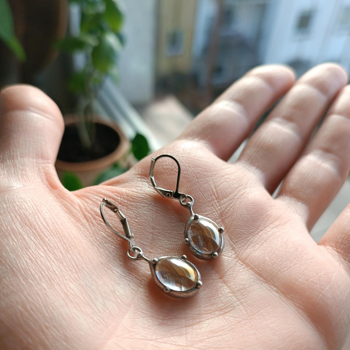 Clear Stained Glass Drop Earrings – Silver Tone