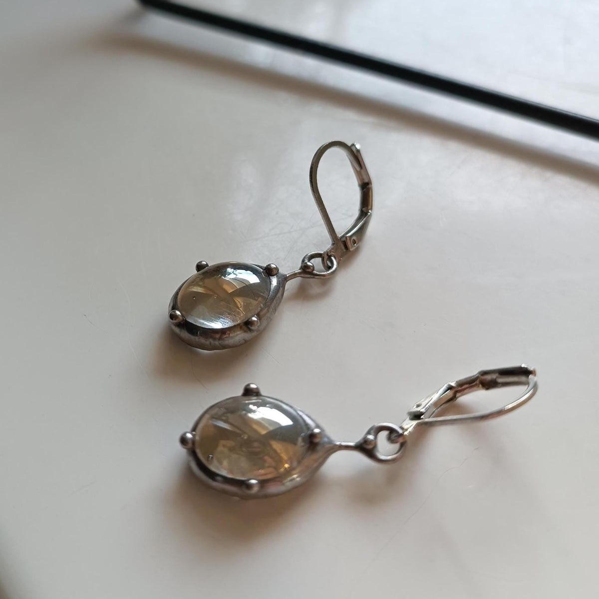 Clear Stained Glass Drop Earrings – Silver Tone