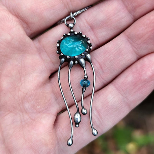 Blue Stained Glass Jellyfish Pendant Necklace – Silver Tone