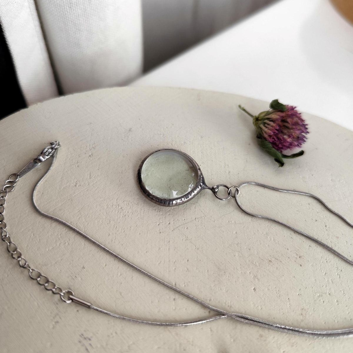 Clear Glass Round Pendant Necklace – Silver Tone