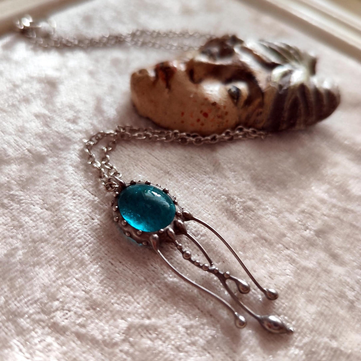 Blue Stained Glass Jellyfish Necklace – Silver Tone