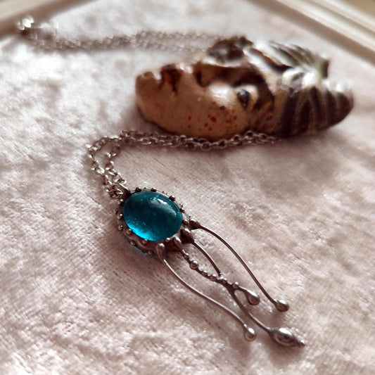 Blue Stained Glass Jellyfish Necklace – Silver Tone