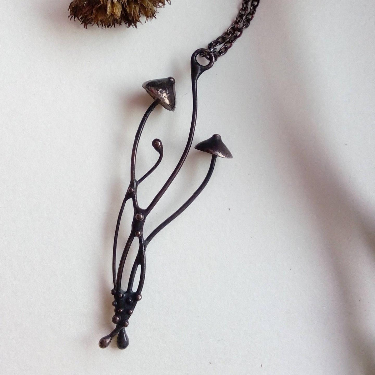 Long Mushroom Pendant Necklace – Blackened Copper