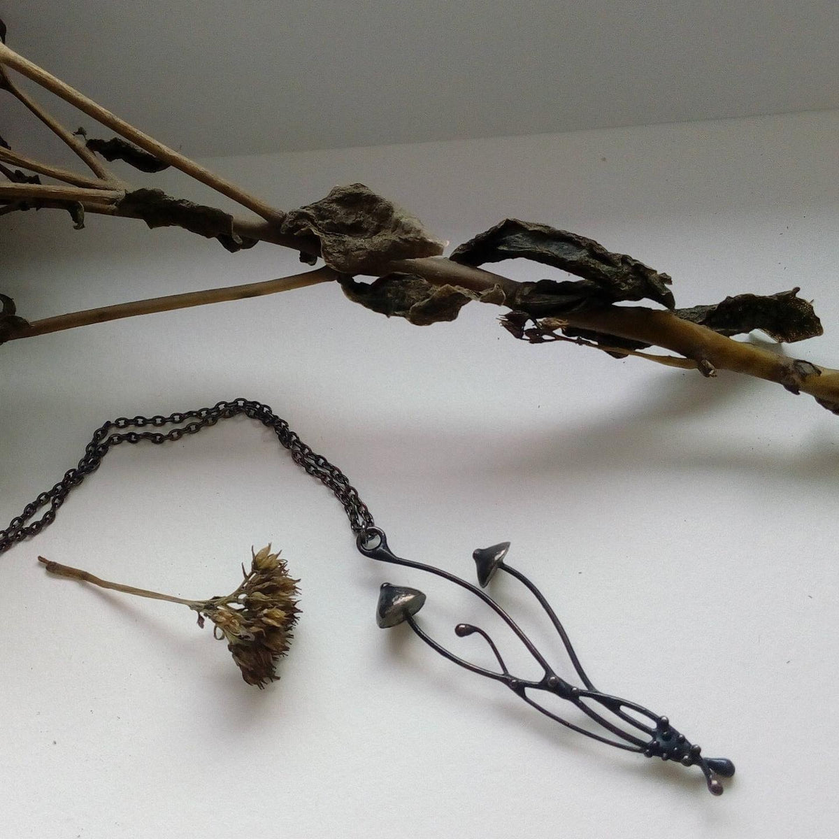 Long Mushroom Pendant Necklace – Blackened Copper