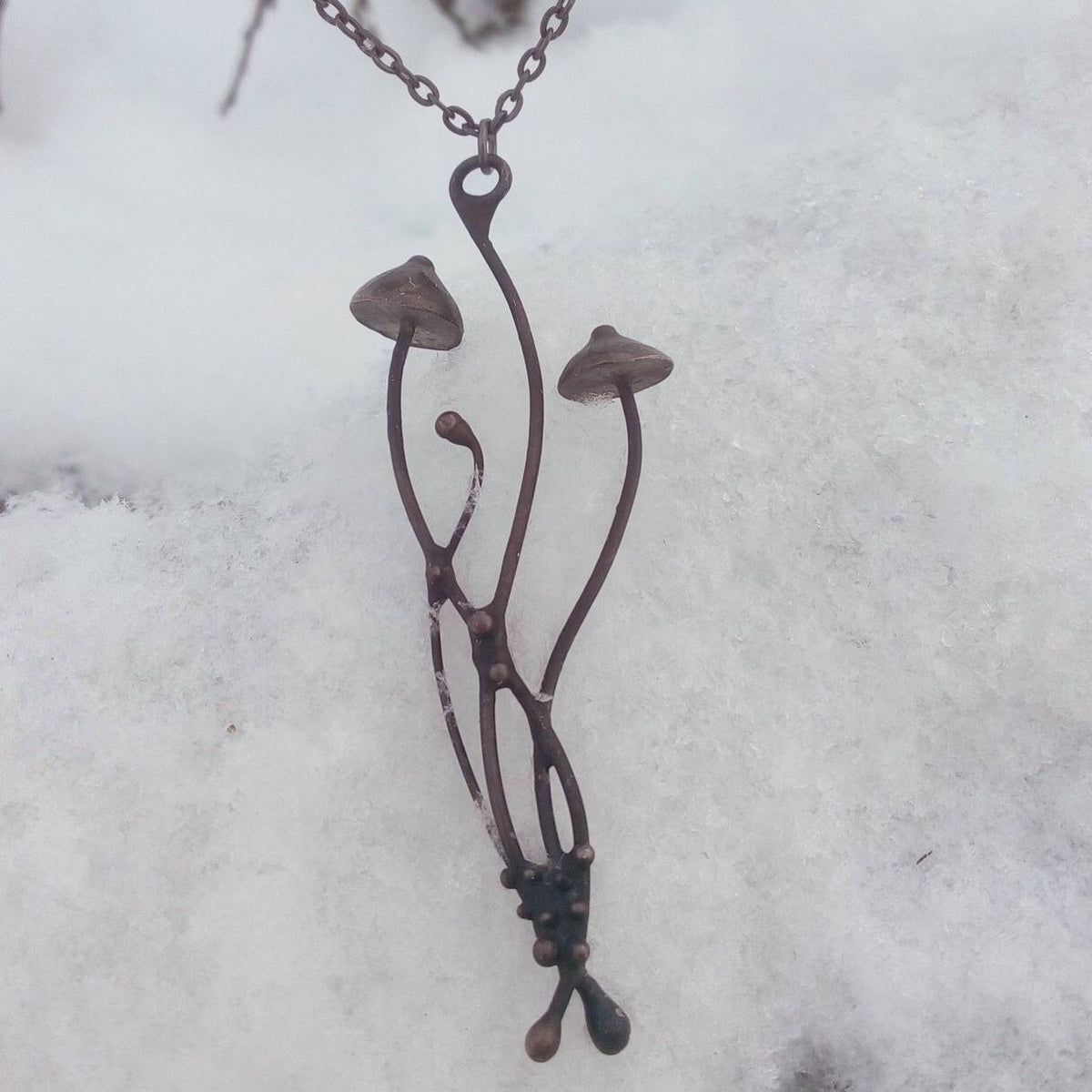 Long Mushroom Pendant Necklace – Blackened Copper