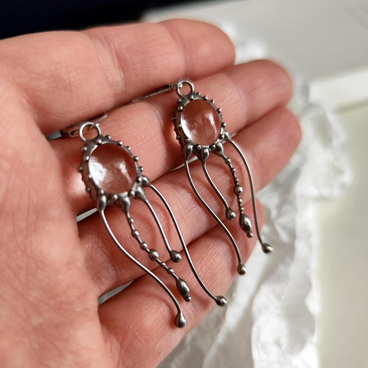 Clear Stained Glass Jellyfish Earrings – Silver Tone