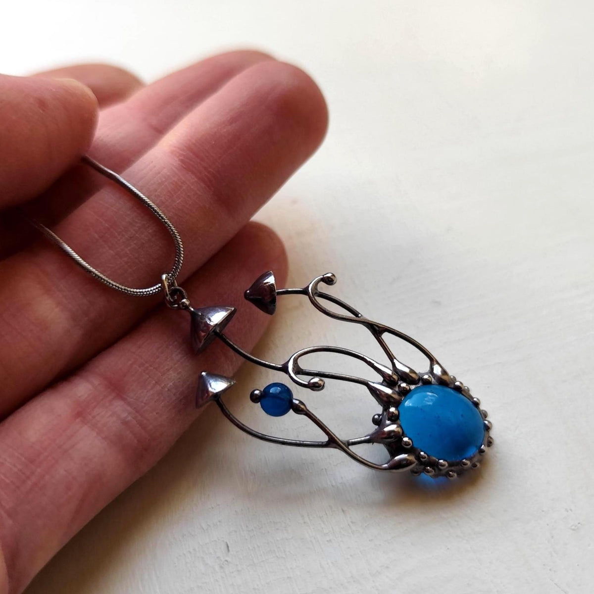Blue Kiln-Fused Glass Mushroom Necklace – Silver Tone