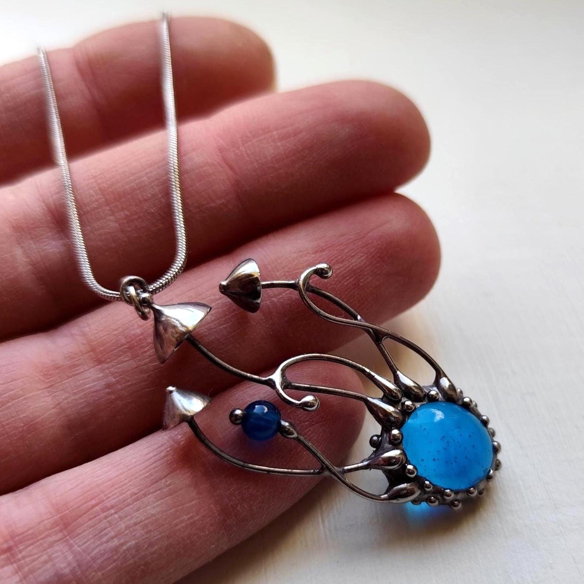 Blue Kiln-Fused Glass Mushroom Necklace – Silver Tone