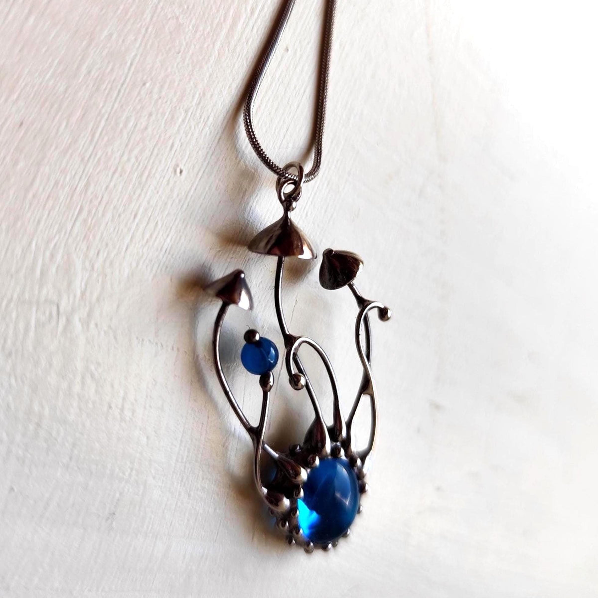Blue Kiln-Fused Glass Mushroom Necklace – Silver Tone