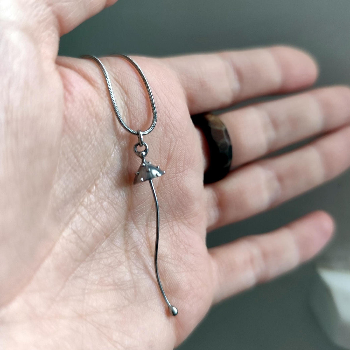 Silver Tone Amanita Mushroom Necklace – Copper & Pewter Toadstool Pendant – Mycology