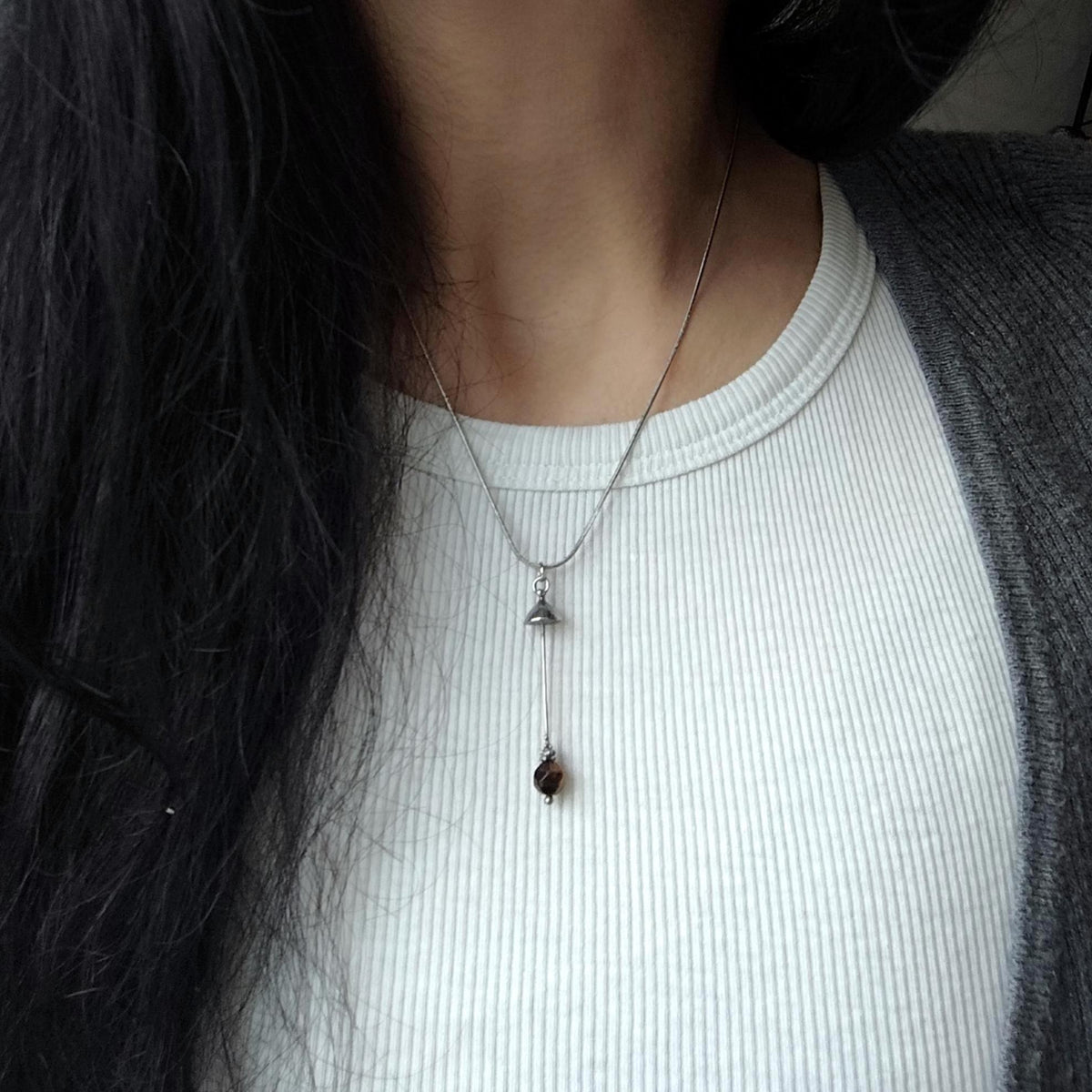Tiger’s Eye Mushroom Pendant Necklace – Silver Tone