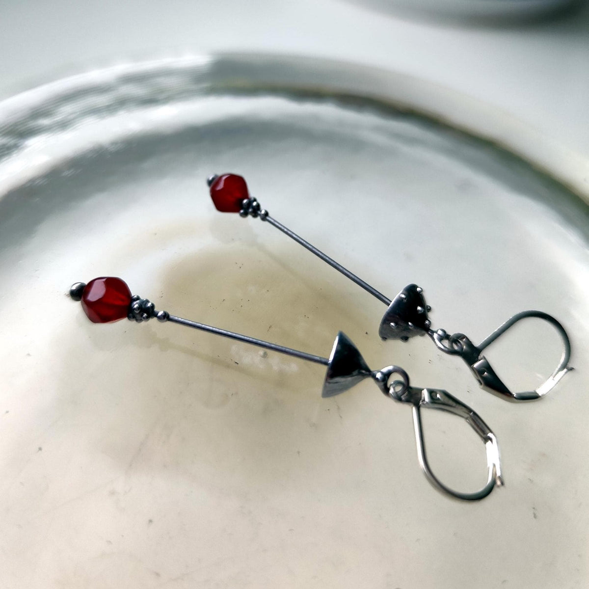 Red Agate Amanita Mushroom Asymmetrical Earrings – Silver Tone