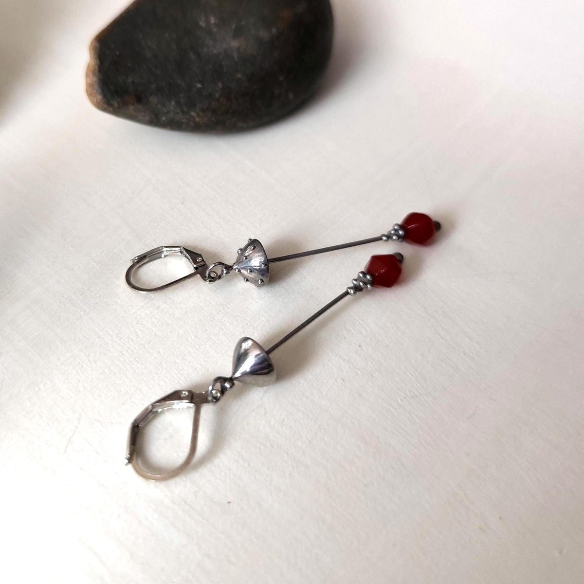 Red Agate Amanita Mushroom Asymmetrical Earrings – Silver Tone