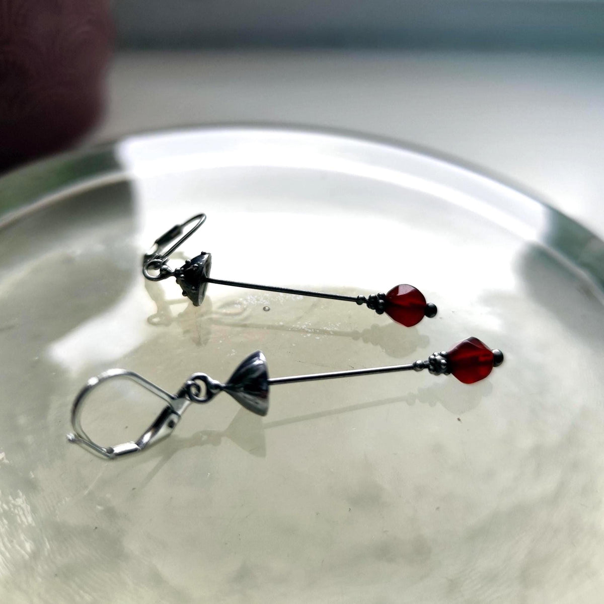 Red Agate Amanita Mushroom Asymmetrical Earrings – Silver Tone