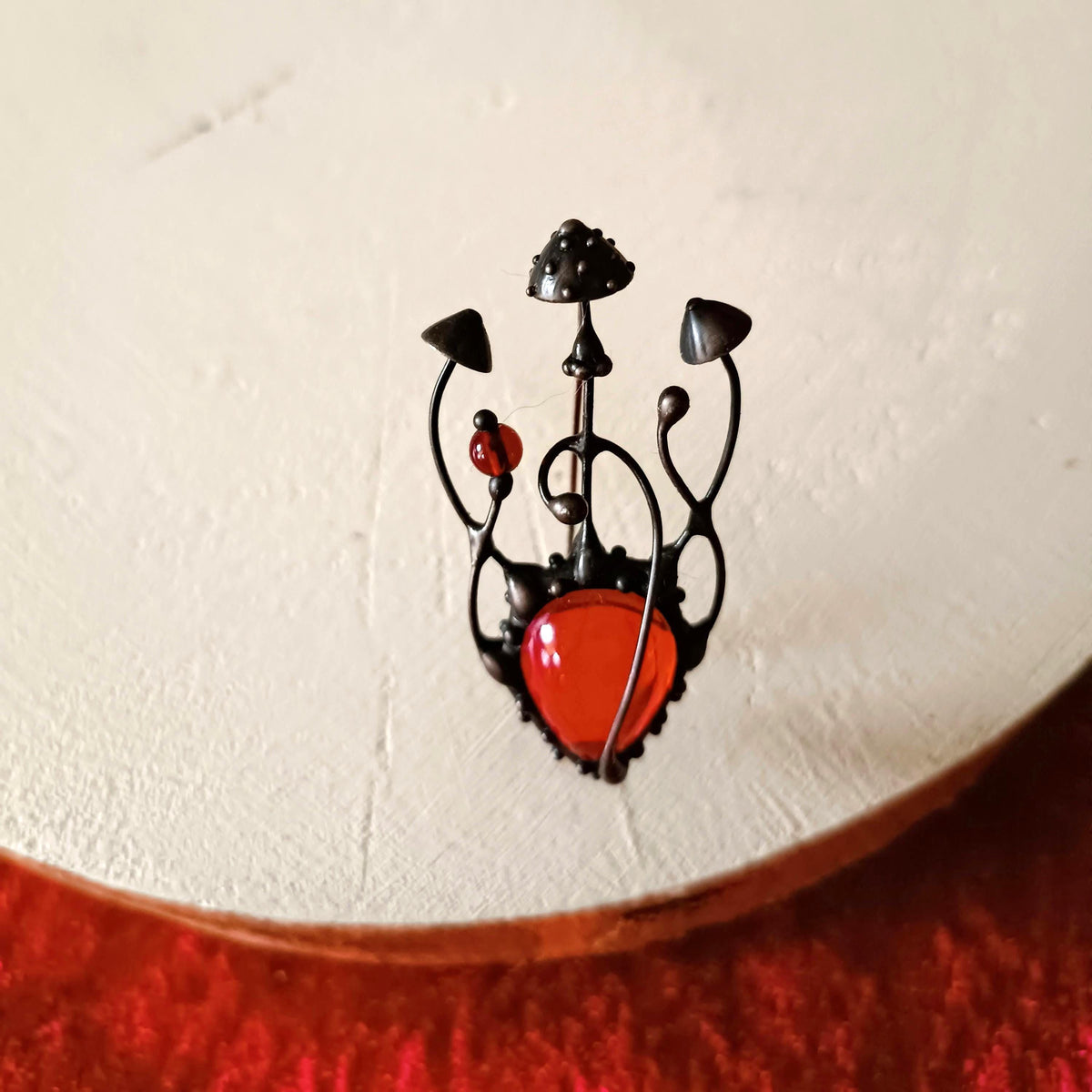Red Glass Amanita Mushroom Brooch – Blackened Copper