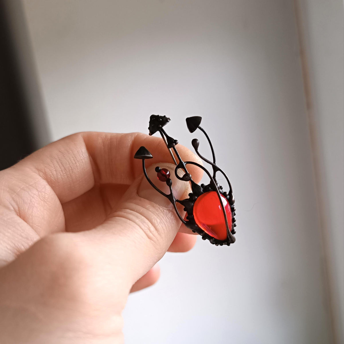 Red Glass Amanita Mushroom Brooch – Blackened Copper