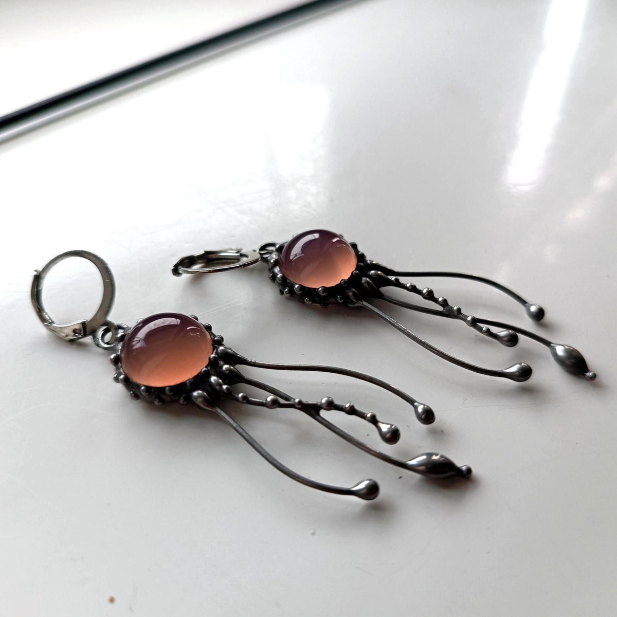 Rose Agate Jellyfish Earrings – Silver Tone