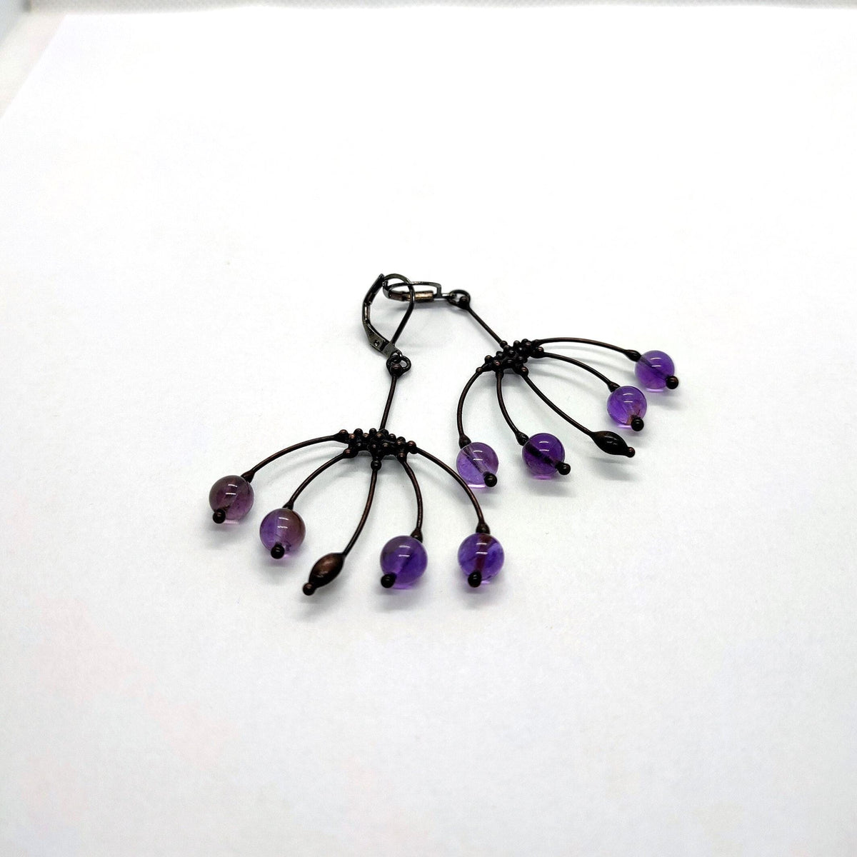 Purple Glass Botanical Earrings – Blackened Copper