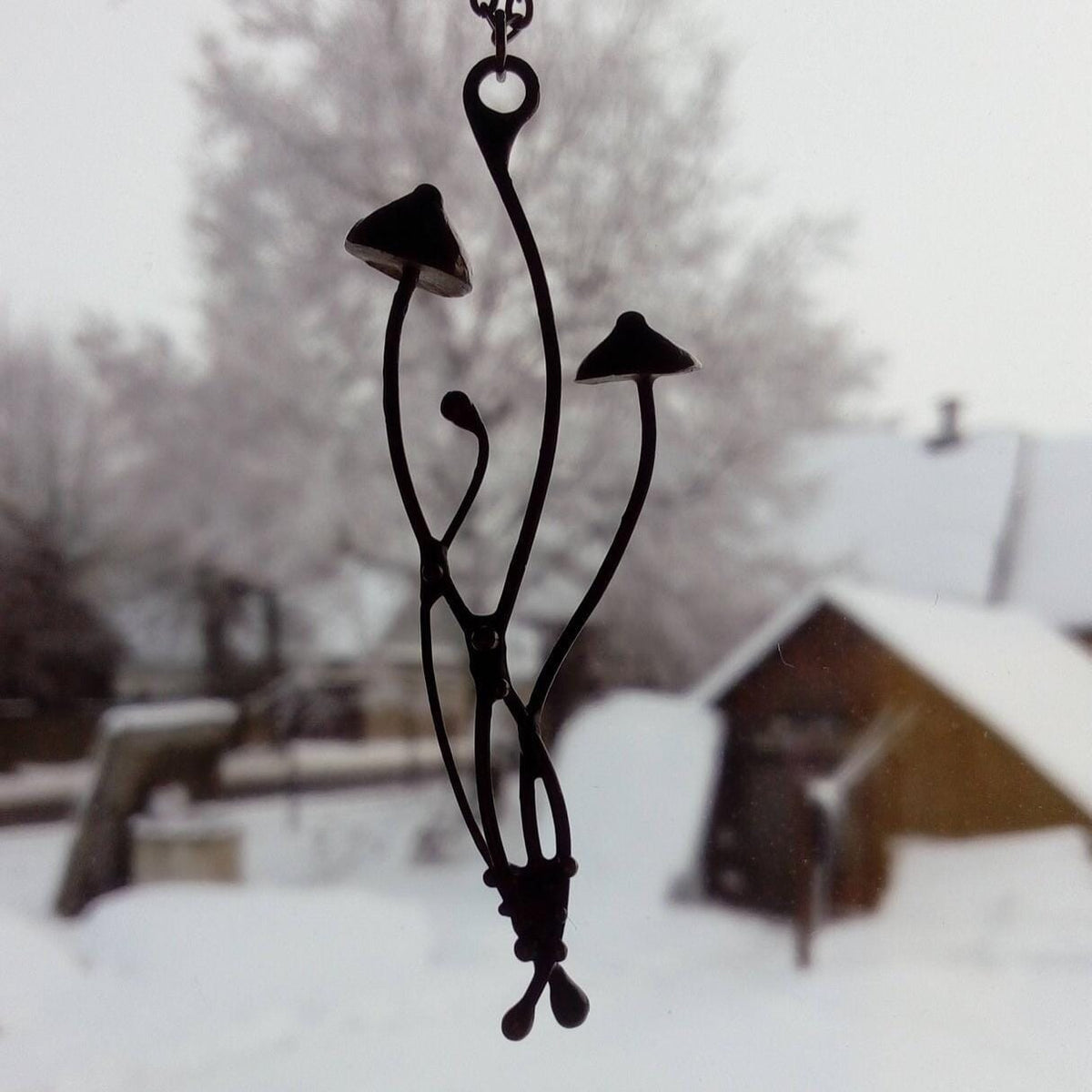 Long Mushroom Pendant Necklace – Blackened Copper