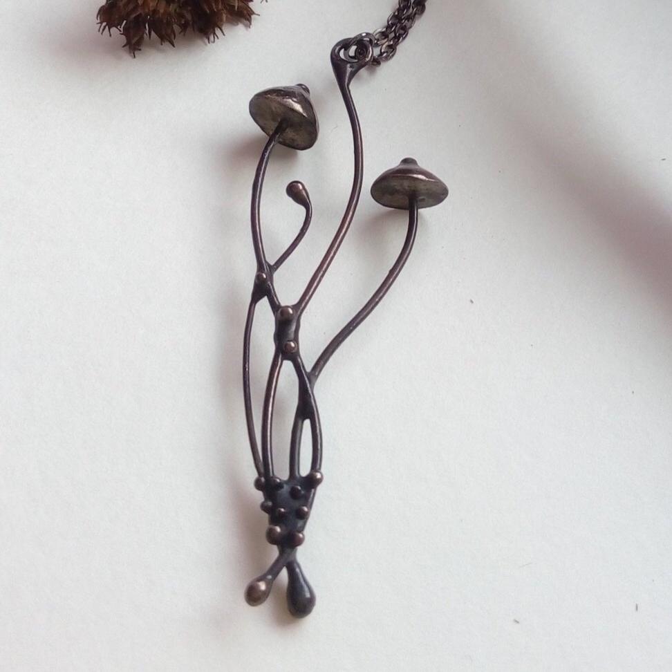 Long Mushroom Pendant Necklace – Blackened Copper