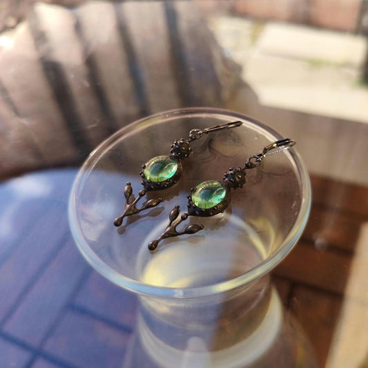 Green Stained Glass Flower Earrings – Blackened Copper