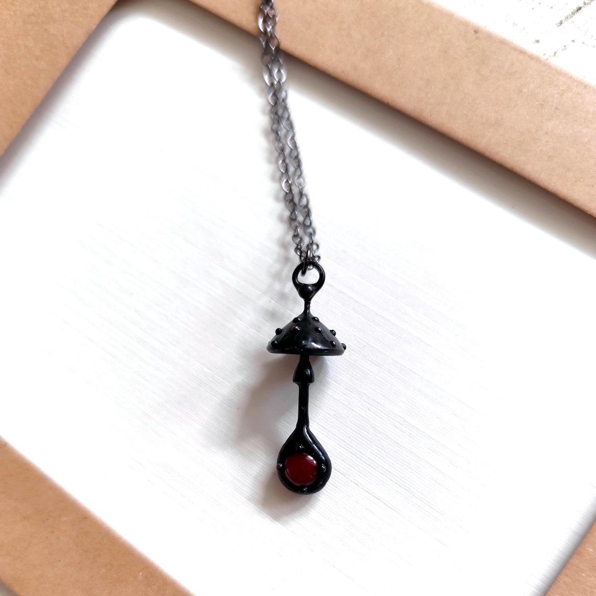 Red Glass Amanita Mushroom Necklace – Blackened Copper & Pewter Forest