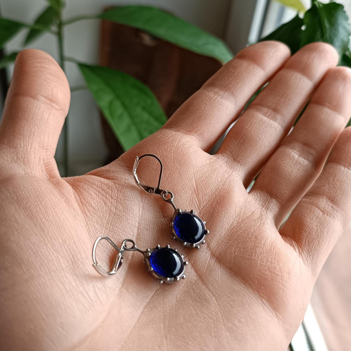 Round Blue Stained Glass Drop Earrings – Silver Tone