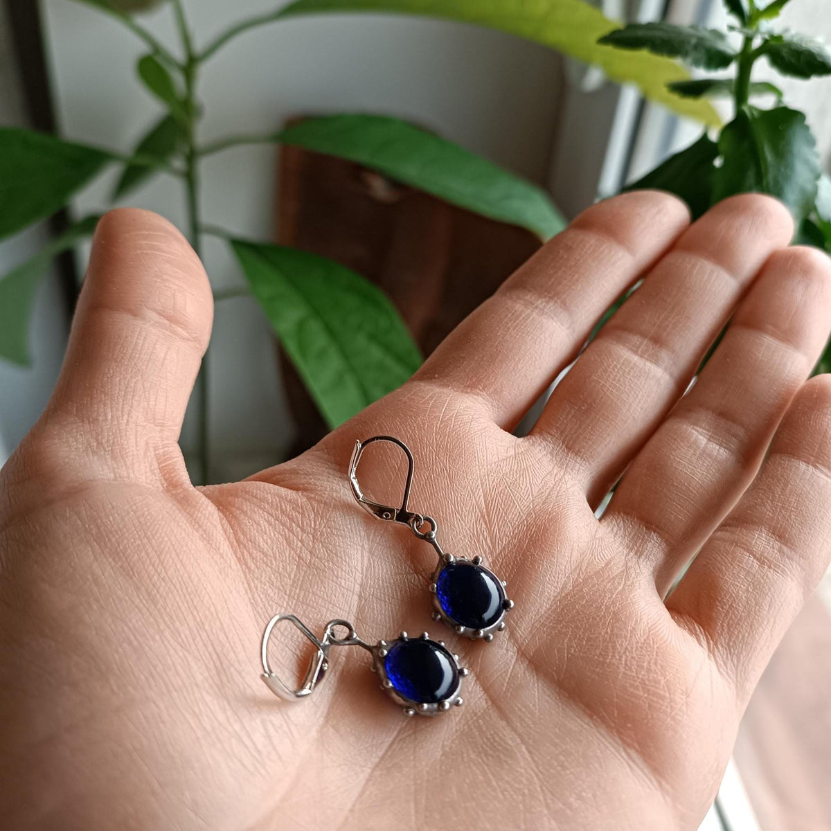 Round Blue Stained Glass Drop Earrings – Silver Tone