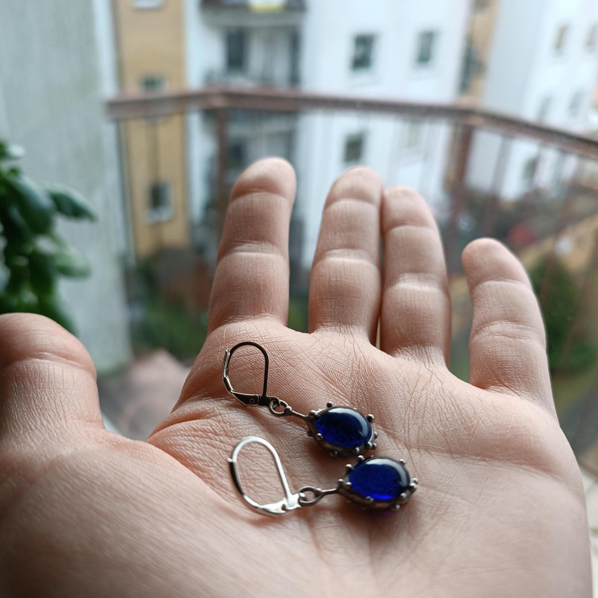 Round Blue Stained Glass Drop Earrings – Silver Tone
