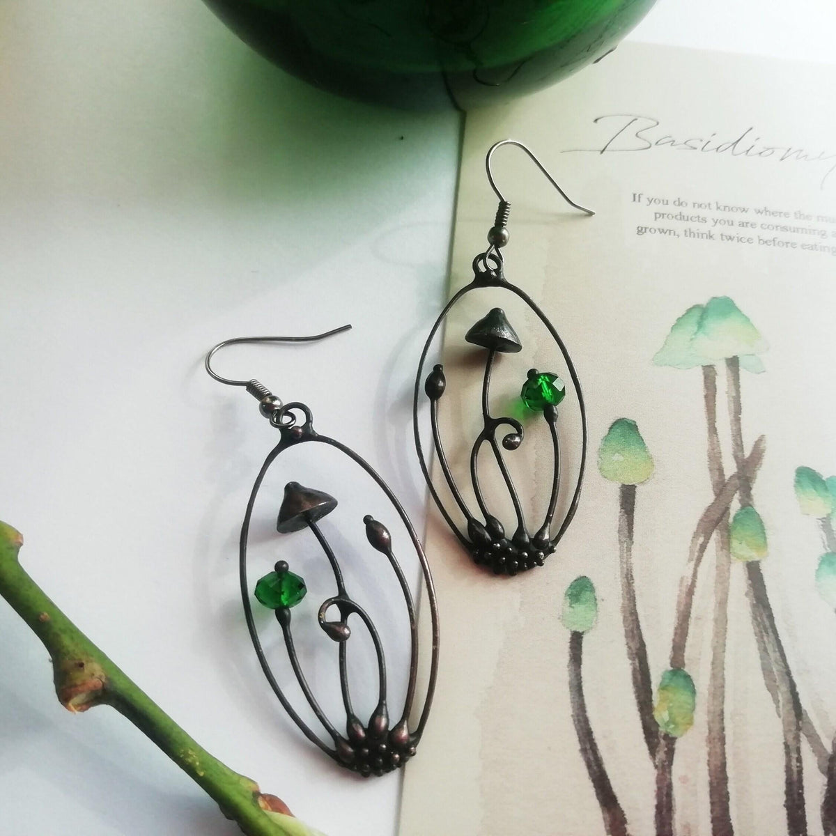 Green Glass Mushroom Earrings – Blackened Copper