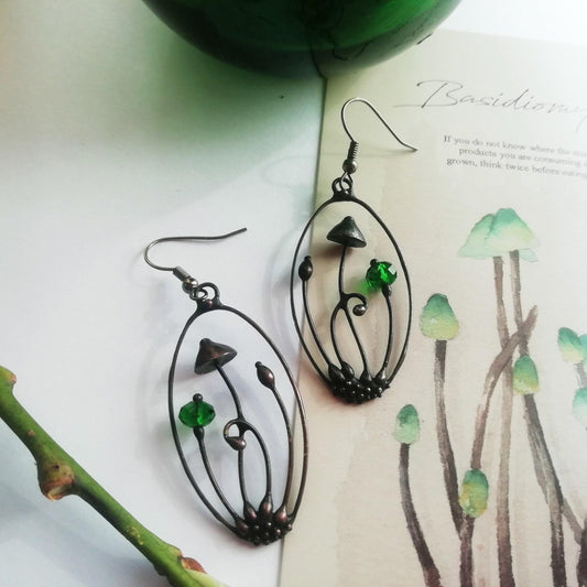 Green Glass Mushroom Earrings – Blackened Copper