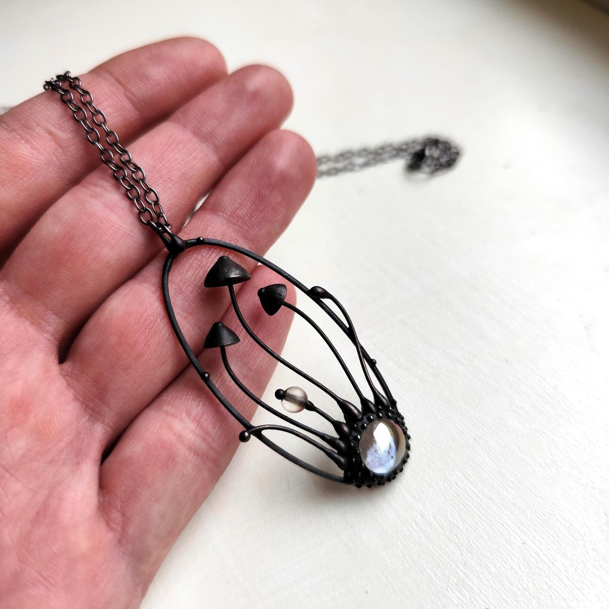 Iridescent Glass Mushroom Necklace – Blackened Copper