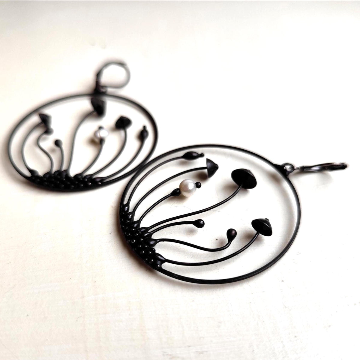 Pearl Mushroom Hoop Earrings – Blackened Copper Round Forest Dangles – Botanical