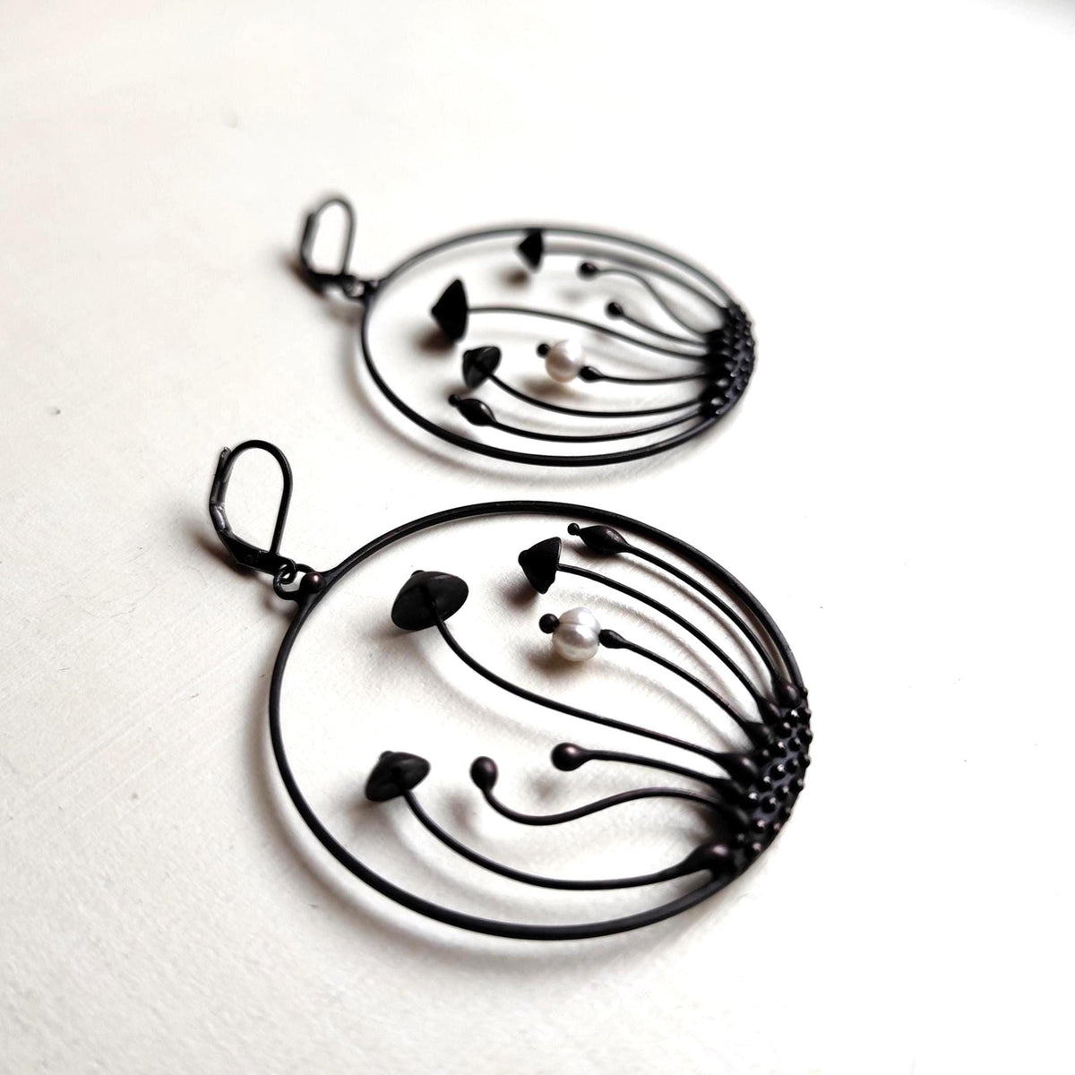 Pearl Mushroom Hoop Earrings – Blackened Copper Round Forest Dangles – Botanical