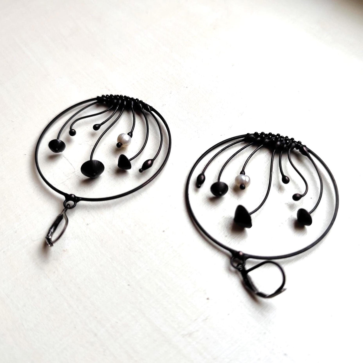 Pearl Mushroom Hoop Earrings – Blackened Copper Round Forest Dangles – Botanical
