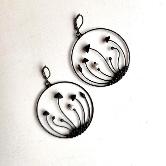 Pearl Mushroom Hoop Earrings – Blackened Copper Round Forest Dangles – Botanical
