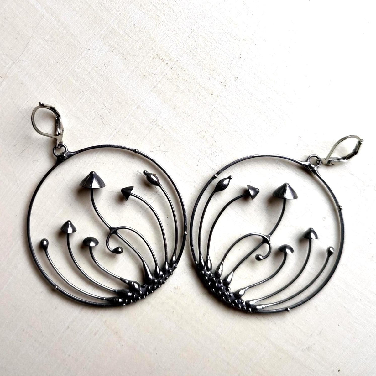 Silver Tone Mushroom Hoop Earrings