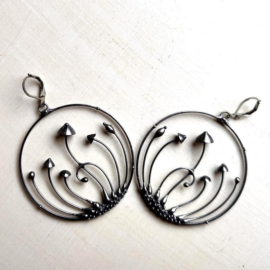 Silver Tone Mushroom Hoop Earrings