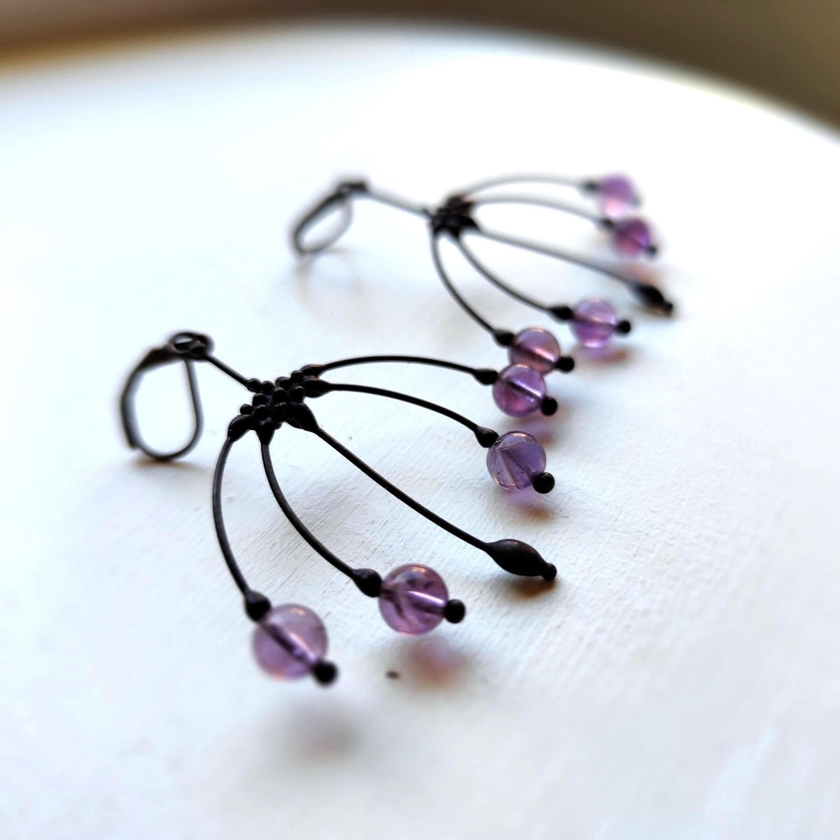 Purple Glass Botanical Earrings – Blackened Copper