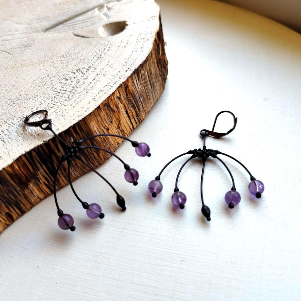 Purple Glass Botanical Earrings – Blackened Copper