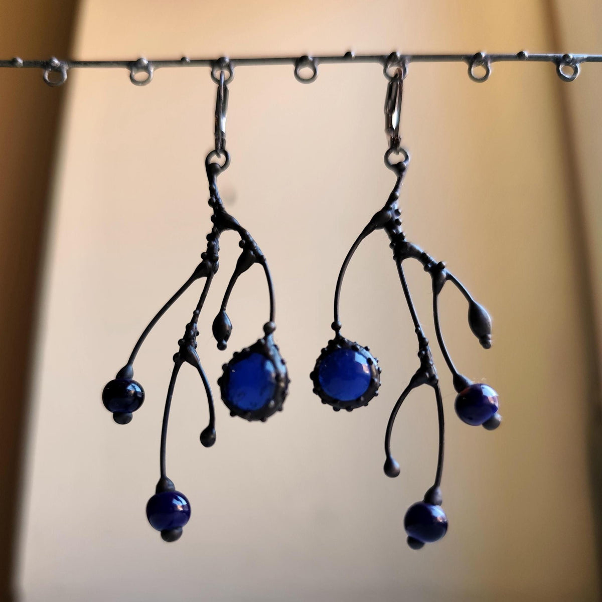 Cobalt Blue Glass Branch Earrings – Blackened Copper Asymmetrical Dangles – Botanical