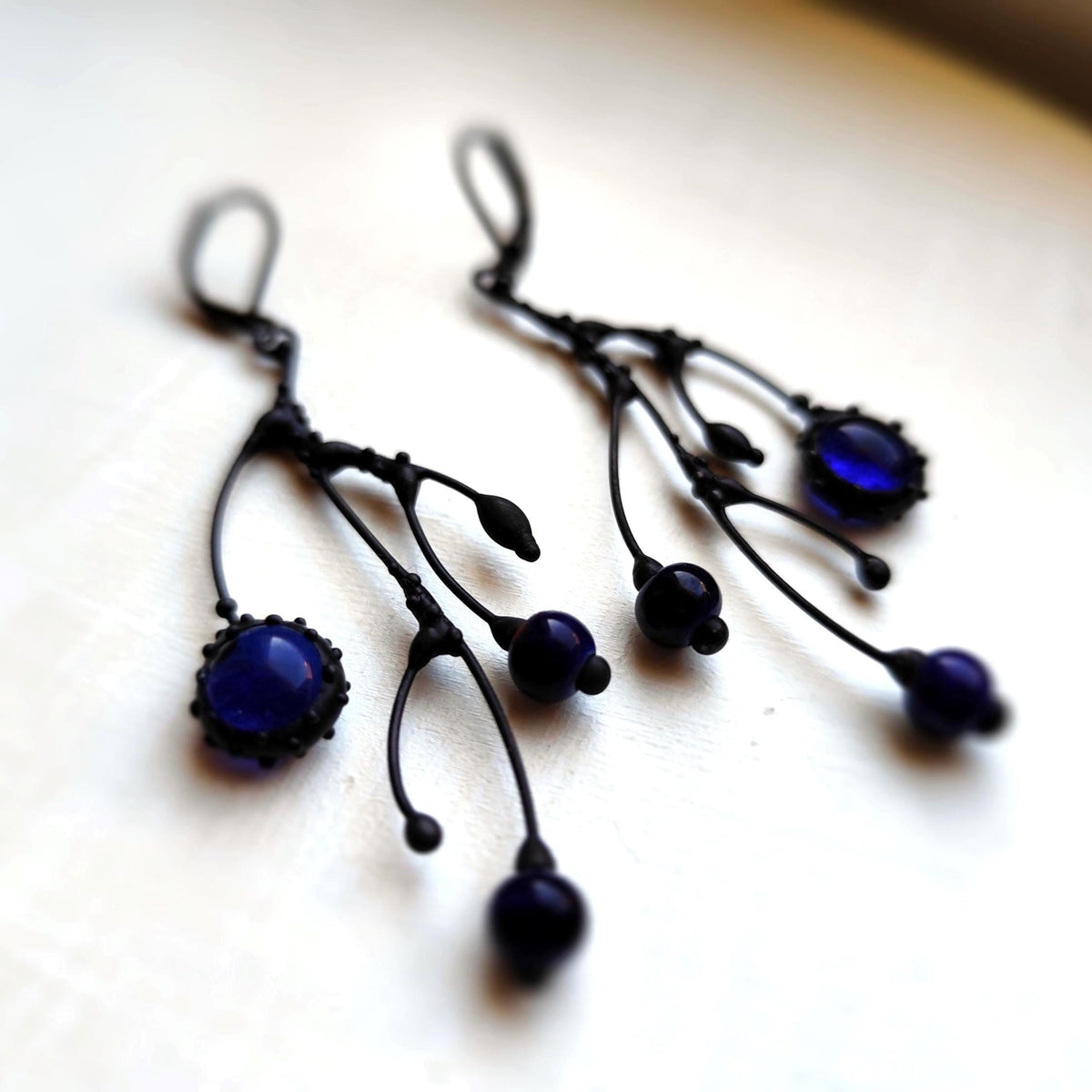 Cobalt Blue Glass Branch Earrings – Blackened Copper Asymmetrical Dangles – Botanical