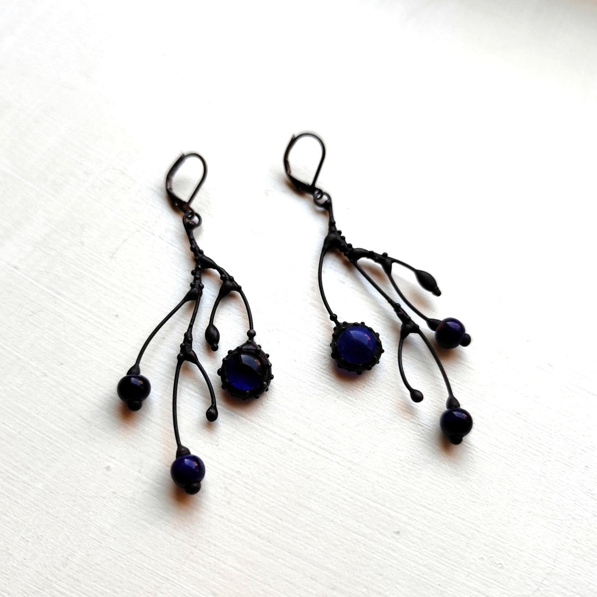 Cobalt Blue Glass Branch Earrings – Blackened Copper Asymmetrical Dangles – Botanical